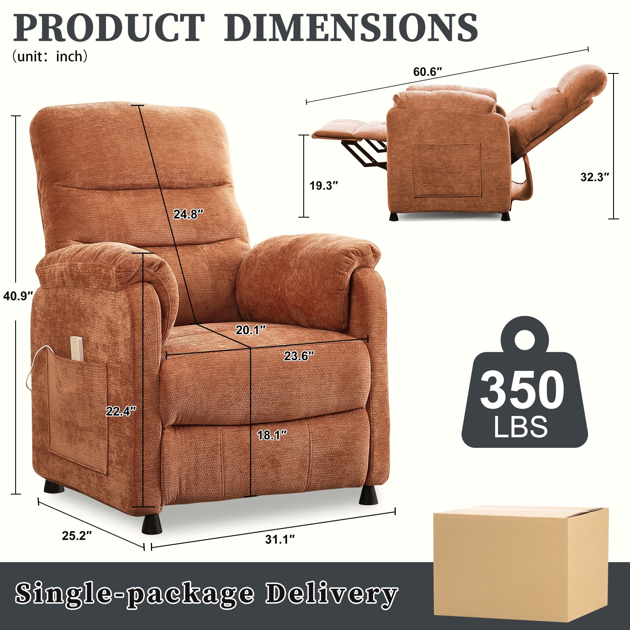 Power Recliner Chair Living Room with Adjustable Backrest and Footrest, Electric Recliner Chair for Adults(Chenille, Orange)