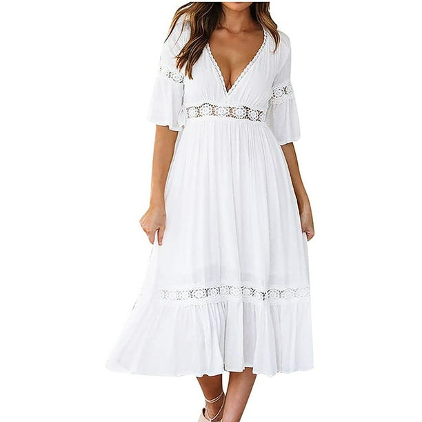 SMihono Women's Summer Plus Size Shirt Dress Business Wrap V-Neck Loose  Casual Peasant Swing Oversized Smocked Short Bell Sleeve Prom Dress Trendy  Plus Size Striped Sundress White 10 