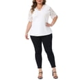 thumbnail image 2 of Agnes Orinda Women's Plus Size V Neck Lace Short Sleeve Elegant Spring Summer Tunic Ribbed Knit Blouse 1X White, 2 of 6