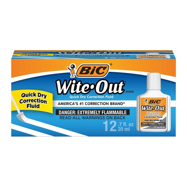 BIC Wite-Out Quick Dry Correction Fluid with Foam Brush for Precise Application, 12-Count in White