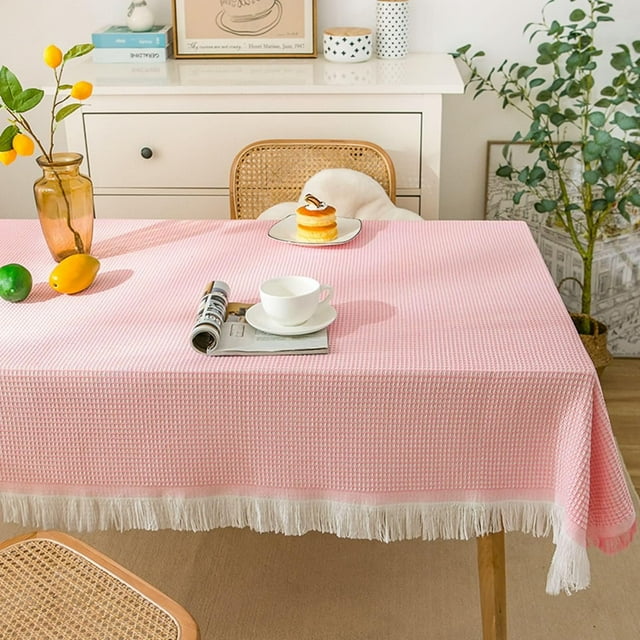 Outdoor Patio Table Cloth Rectangular,130*180cm,Tablecloth Decorative Cotton Solid Color with Tassels Pink White Tableclothes for Tables