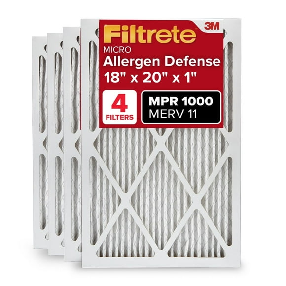 Filtrete 18x20x1 AC Furnace Air Filter, MERV 11, MPR 1000, Micro Allergen Defense, 3-Month Pleated 1-Inch Electrostatic Air Cleaning Filter, 4 Pack (Actual Size 17.81 x 19.81 x 0.81 in)