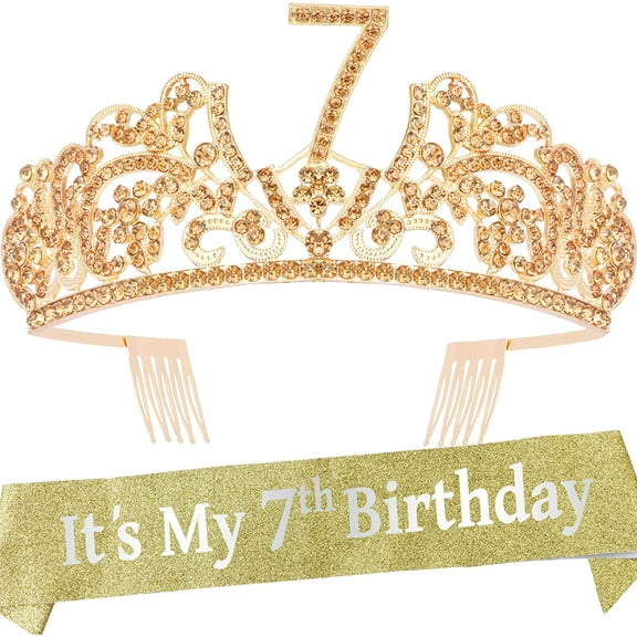 VeryMerryMakering Glitter Sash & Gold Tiara Set for Girls - 7th Birthday Princess Party Gifts