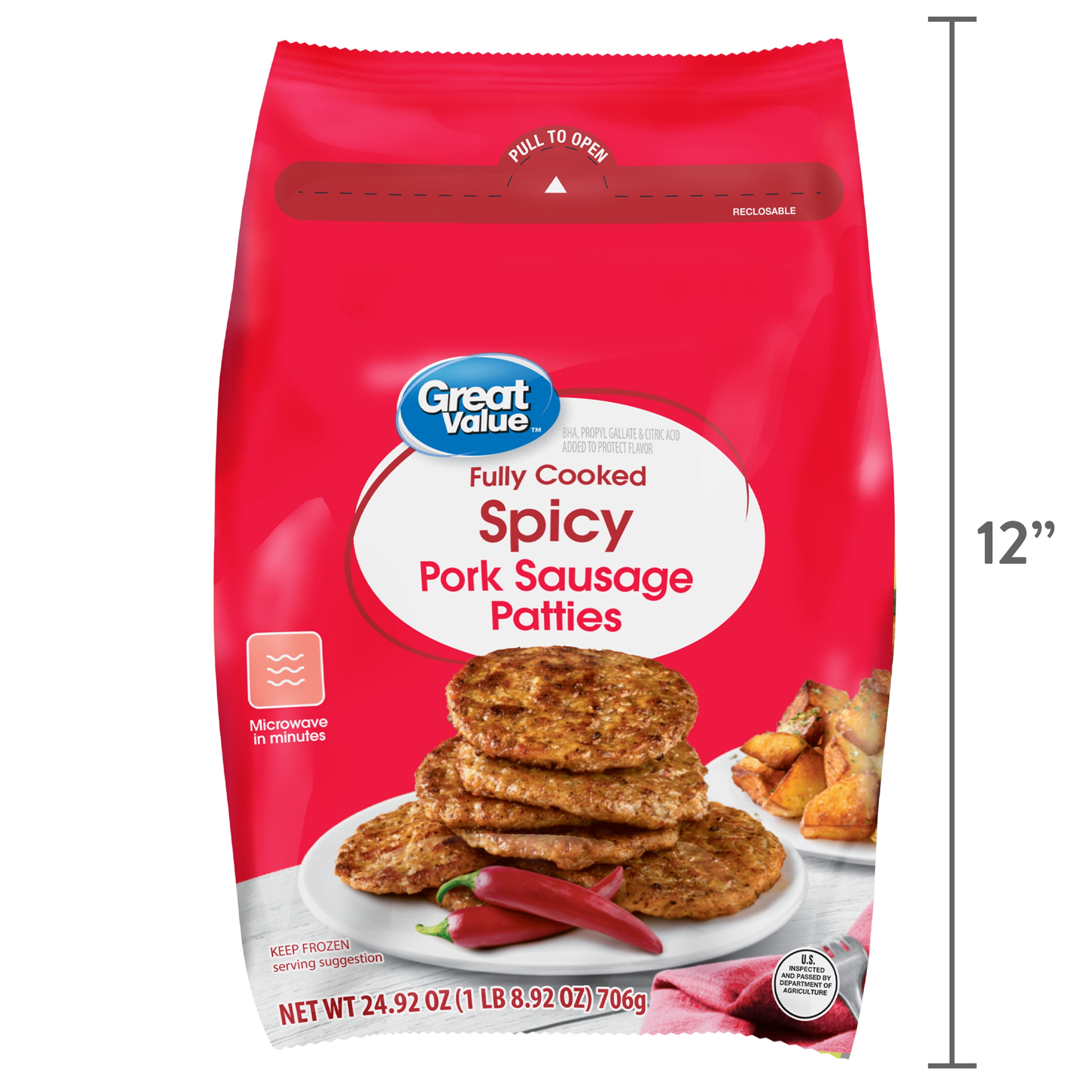 Great Value Fully Cooked Spicy Frozen Pork Sausage Patties, 24.92 oz bag
