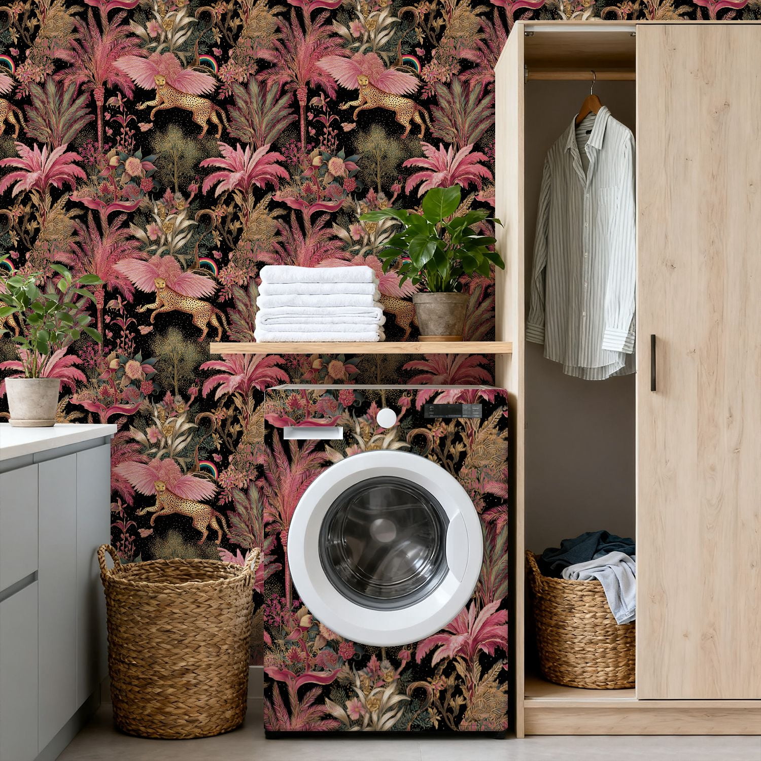 Peel and Stick Wallpaper Leopard Pink Wings Among Tropical Plants Vibrant Wall Mural 17.7in x 9.8ft Self Adhesive Removable Wall Paper Renter Friendly Wallpaper for Nursery Bedroom Cabinets