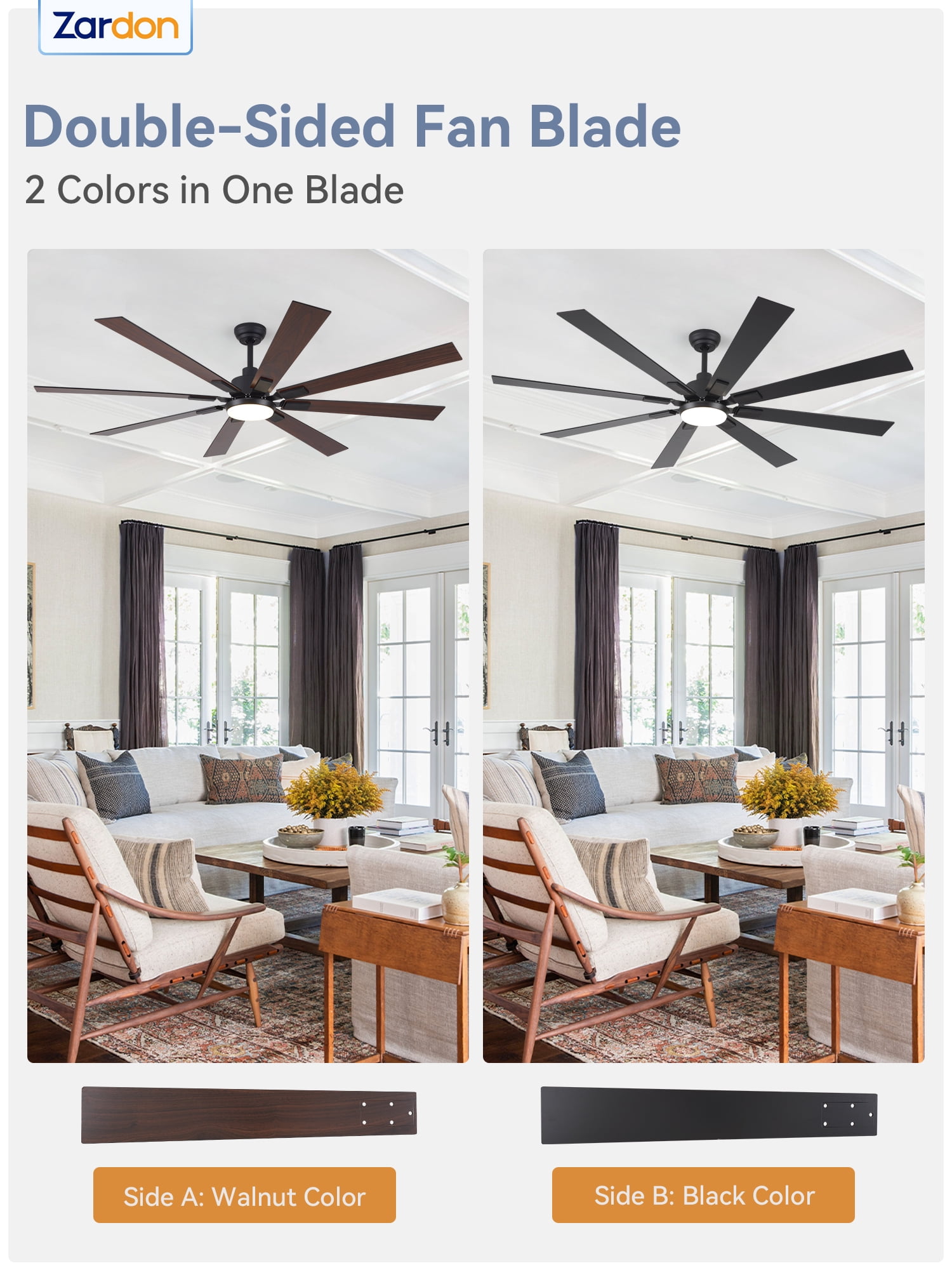 Zardon 72 inch Modern Ceiling Fan with Light and Remote Control, Large Ceiling Fan with Quiet DC Motor, 6 Speeds, 8 Reversible Blades for Indoor Outdoor Space- Black