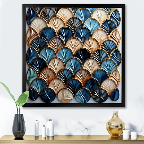 Designart "Art Deco Elegance in Blue and Gold Tiles I" Abstract Framed Wall Art Decor - Modern Blue Abstract Geometric Entryway Framed Wall Art Print
