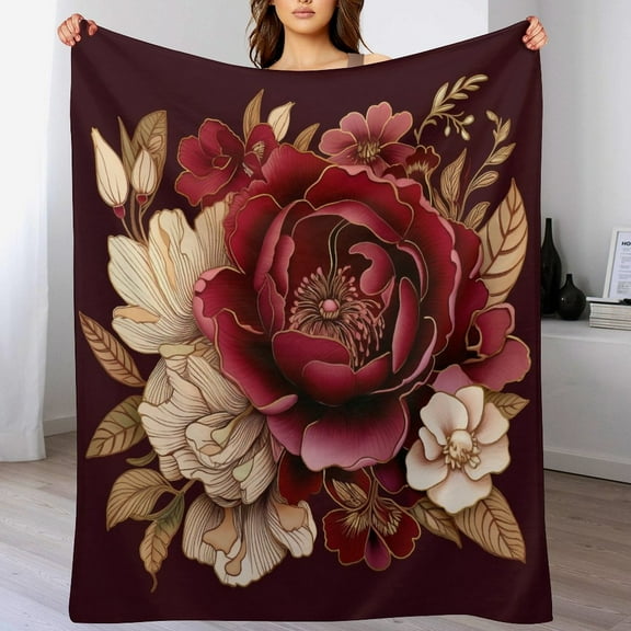Flannel Plush Blanket Elegant Burgundy Floral Velvet Flannel Blanket for Winter Bedding Couch And Gift Chic Blossom Floral Drop Flowers Throw Blanket Fun Comfy Cozy Gifts for Boys Girls 60"x80"