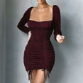 thumbnail image 6 of cfhntfmh Bodycon Dresses for Women Square Neck Long Sleeve Fall Ruched Mini Dress Slim Elegant Clubwear Dress, 6 of 7
