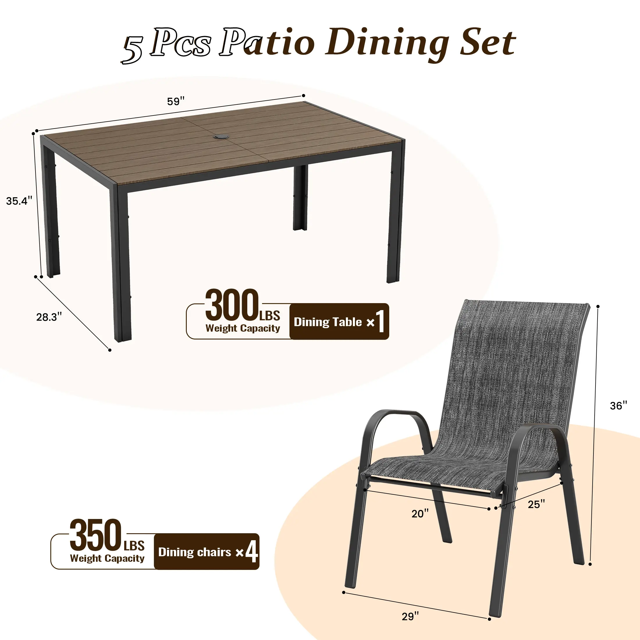 UDPATIO Patio Chairs Set of 5, Outdoor Dining Chairs High Back with All Weather Breathable Textilene, Metal Frame for Lawn Garden Backyard Deck,Dark Grey