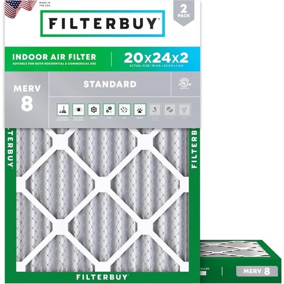 Filterbuy 20x24x2 Air Filter MERV 8 Dust Defense, Pleated HVAC AC Furnace Filter Replacement, 2-Pack
