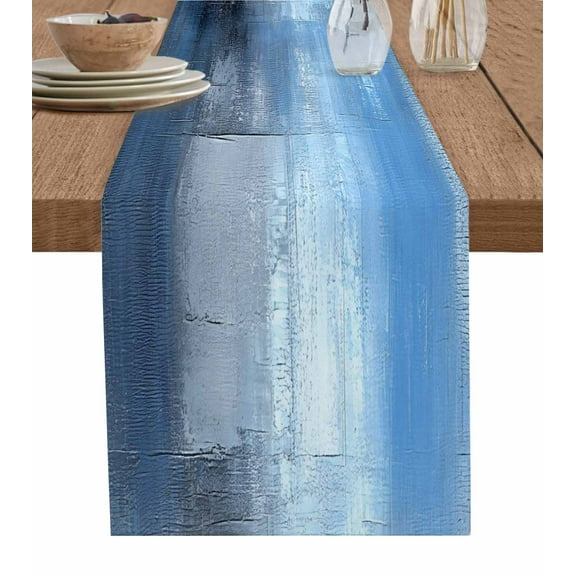 Abstract Blue Table Runner-Cotton Linen- 48 Inch Holiday Dresser Scarves, Farmhouse Geometric Minimalist Smear Art Tablerunner for Kitchen Coffee/Dining Bedroom Living Room Dinner Scarf Décor 13x48