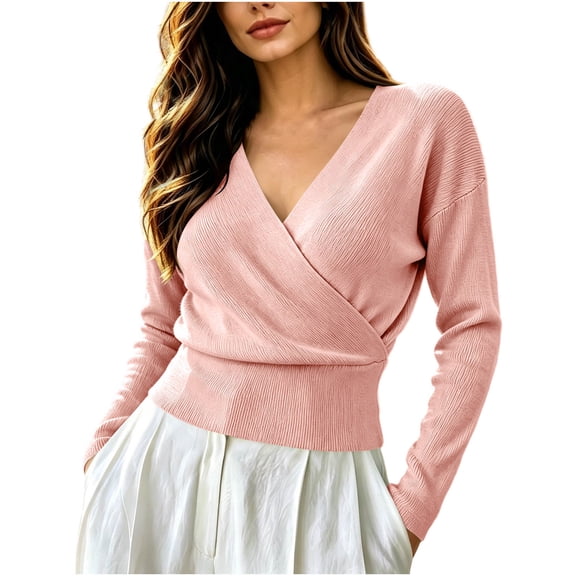 gbyLJF Women's Wrap Cross V Neck Tops Slim Fit Long Sleeve Sweater Lightweight Soft Knitted Blouse