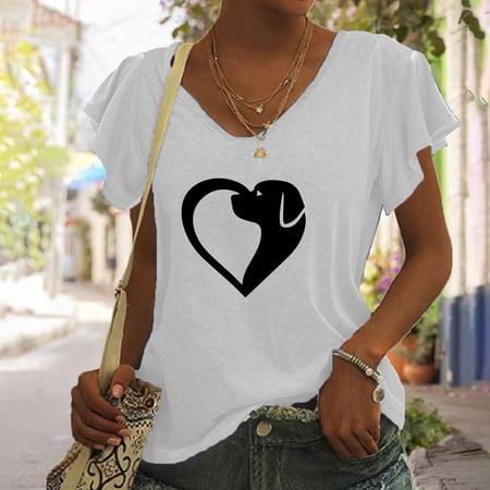 

Juebong I Have A Dog Women Ruffles Cap Sleeve Shirts Comfy V Neck Basic Tops Dog Lover Flowy Blouse Funny Printed Ruffled Short Sleeve Solid Tunic T Shirts