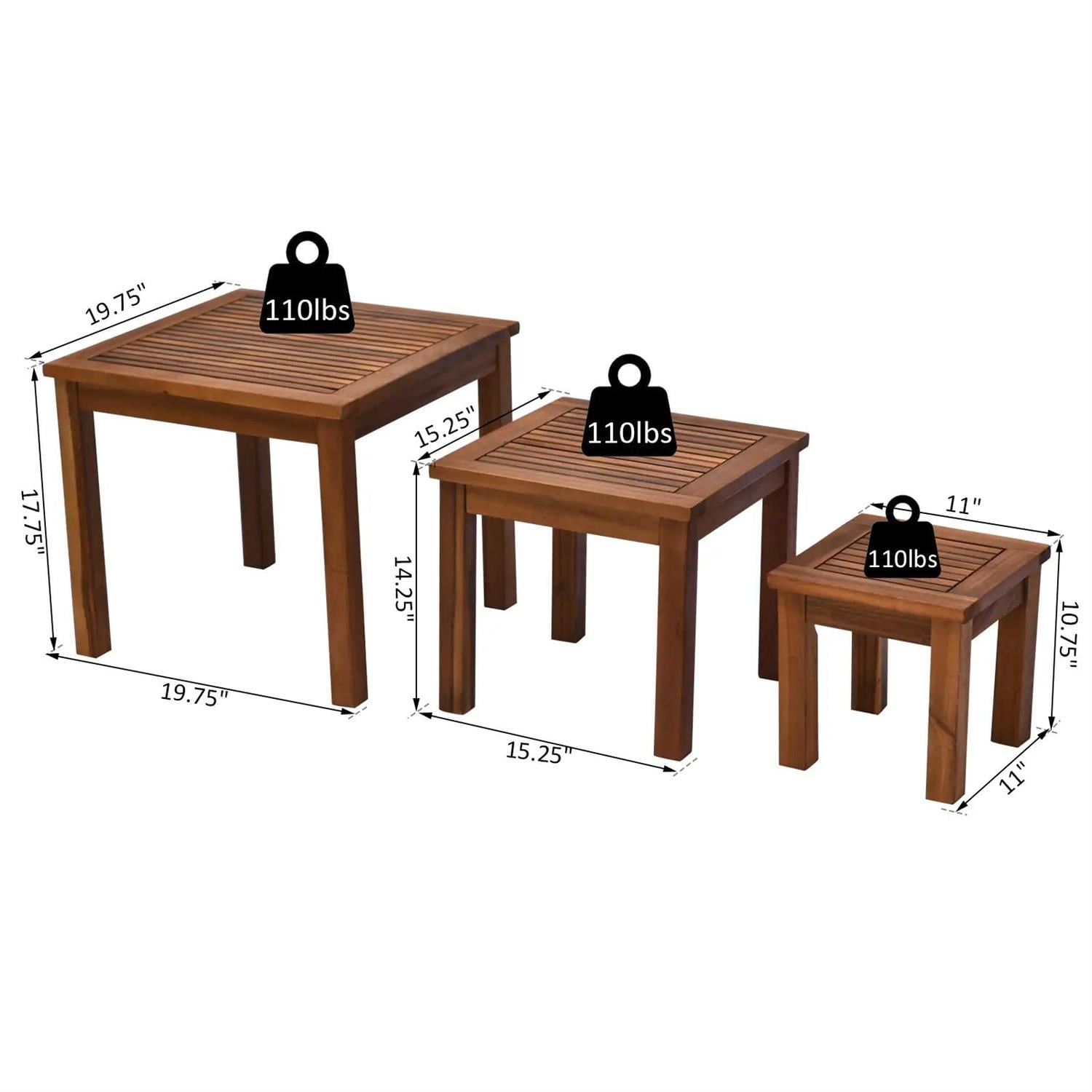 Demi Bonn 3 Piece Outdoor Side Nesting Table Patio Set with Acacia Wood Build & Multi-Functional Design, Outside End Tabledoor or Outdoor Use, Brown