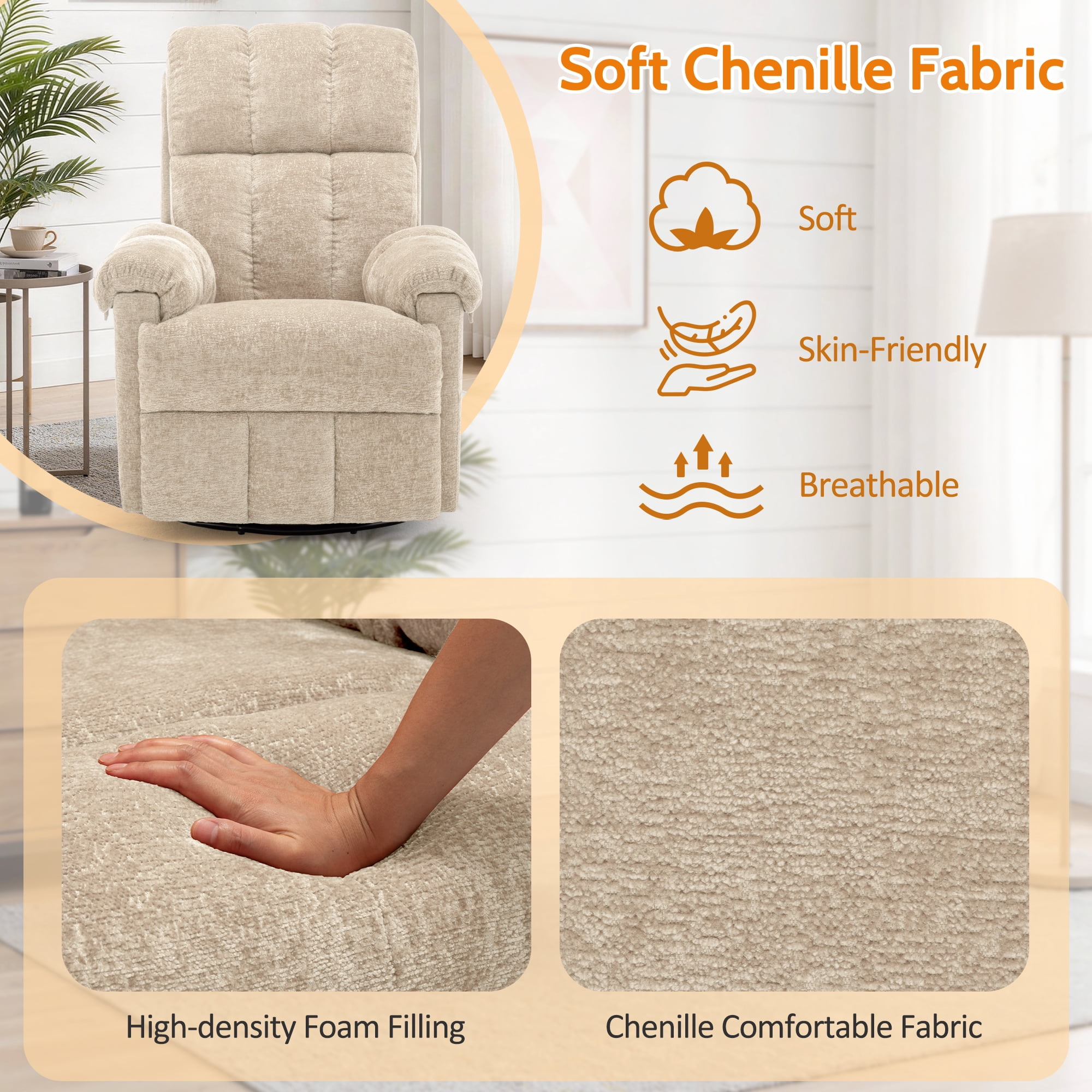 Korser Small Recliners for Small Spaces,Swivel Rocker Recliner Chair with Side Pockets for Living Room,Khaki