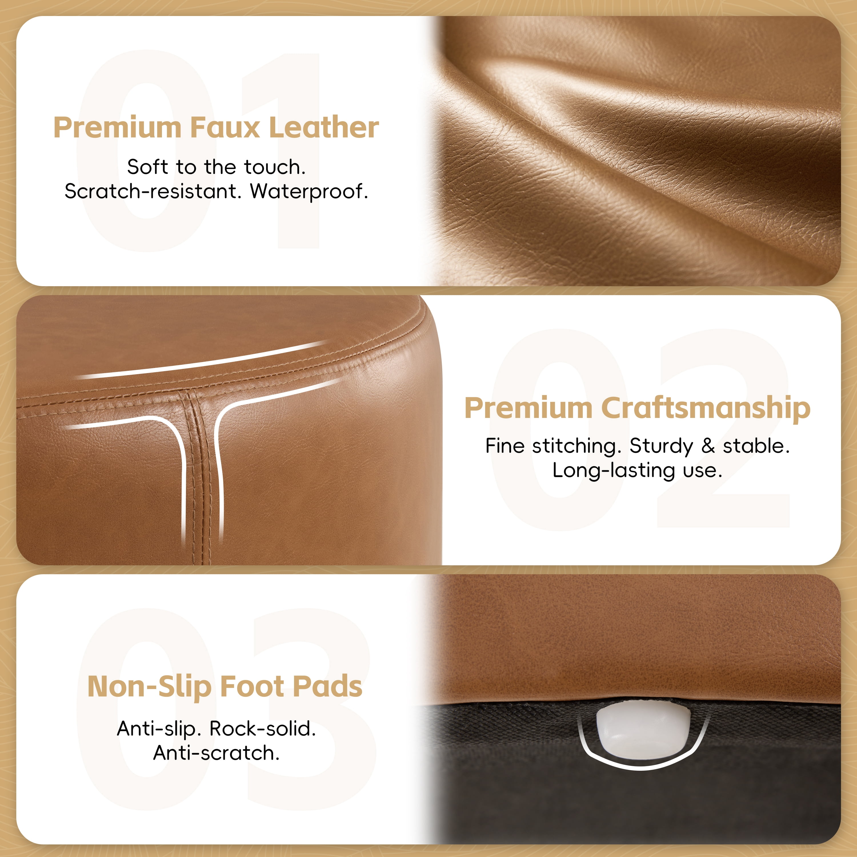 GARITIN Round Ottoman 33 Inch, Modern Double Deck Upholstered Footrest with Faux Leather Cover for Living Room, Brown