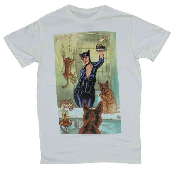 Catwoman (DC Comics) Mens T-Shirt - Bathroom Selfie Surrounded By Cats (Large)