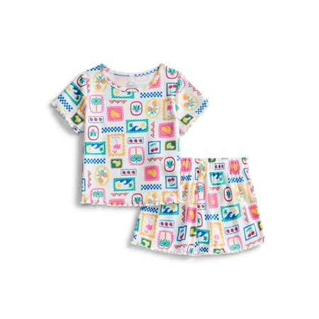 Wonder Nation Toddler Girl s Ribbed Print Tee and Shorts 2-Piece Pajama Set Sizes 12M-5T