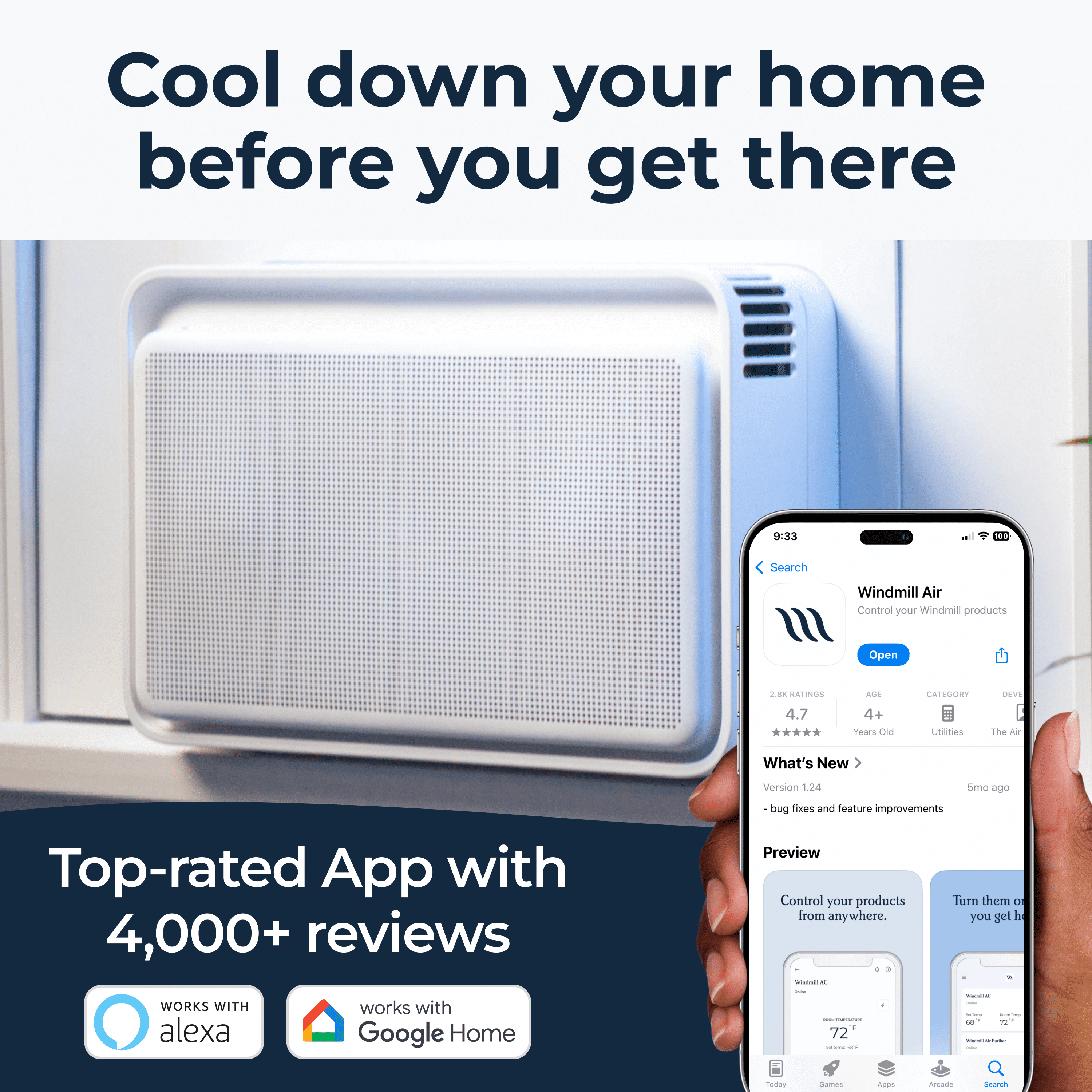 Windmill 8,000 BTU Inverter Window Air Conditioner with WhisperTech - Ultra-Quiet & Smart, Cools up to 350 Sq. Ft. - #1 Easy Install, App/Wi-Fi, Voice-Enabled, Remote Control, Energy Star