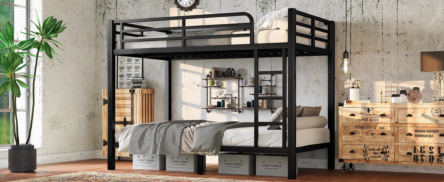 Mintazer Twin Over Twin Metal Bunk Bed with Guardrails, Noise-Free Design & Under-Bed Storage for Teens Adults Bedroom, Black