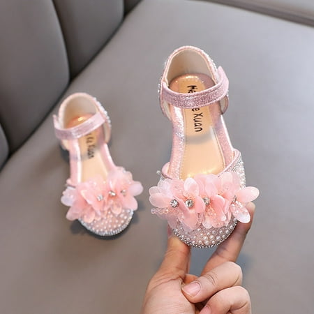 

8QIDA Sandals Girl Dressy Heels Girls Sandals Fashion New Pattern Pearl Decoration Cute Hook Loop Versatile Low Heel Comfortable Shoes 28