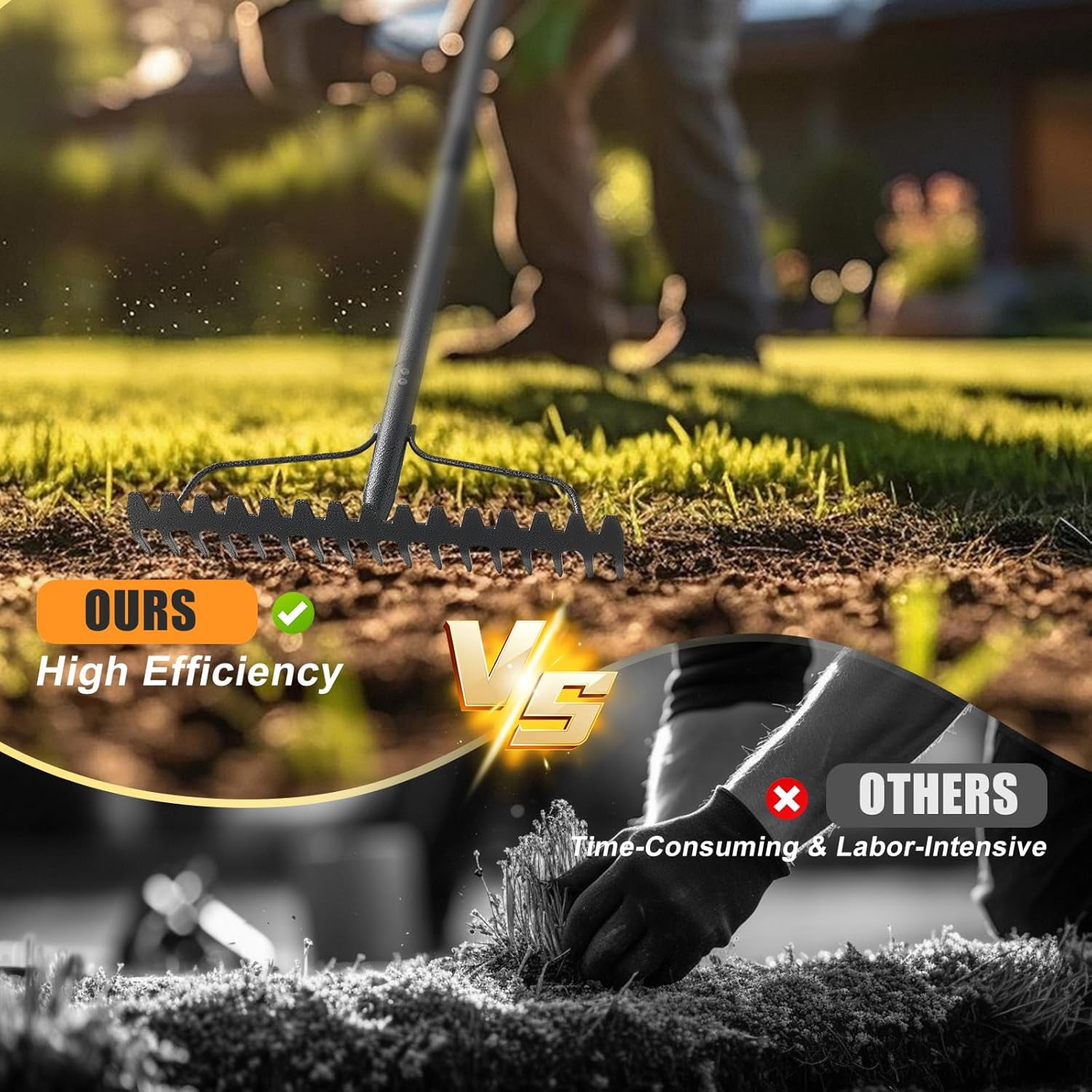Garden Rake, 63 inch Long Handle with 17 Tongs, Heavy Duty Metal Rake for Loosening Leveling Soil, Grass, Wedding