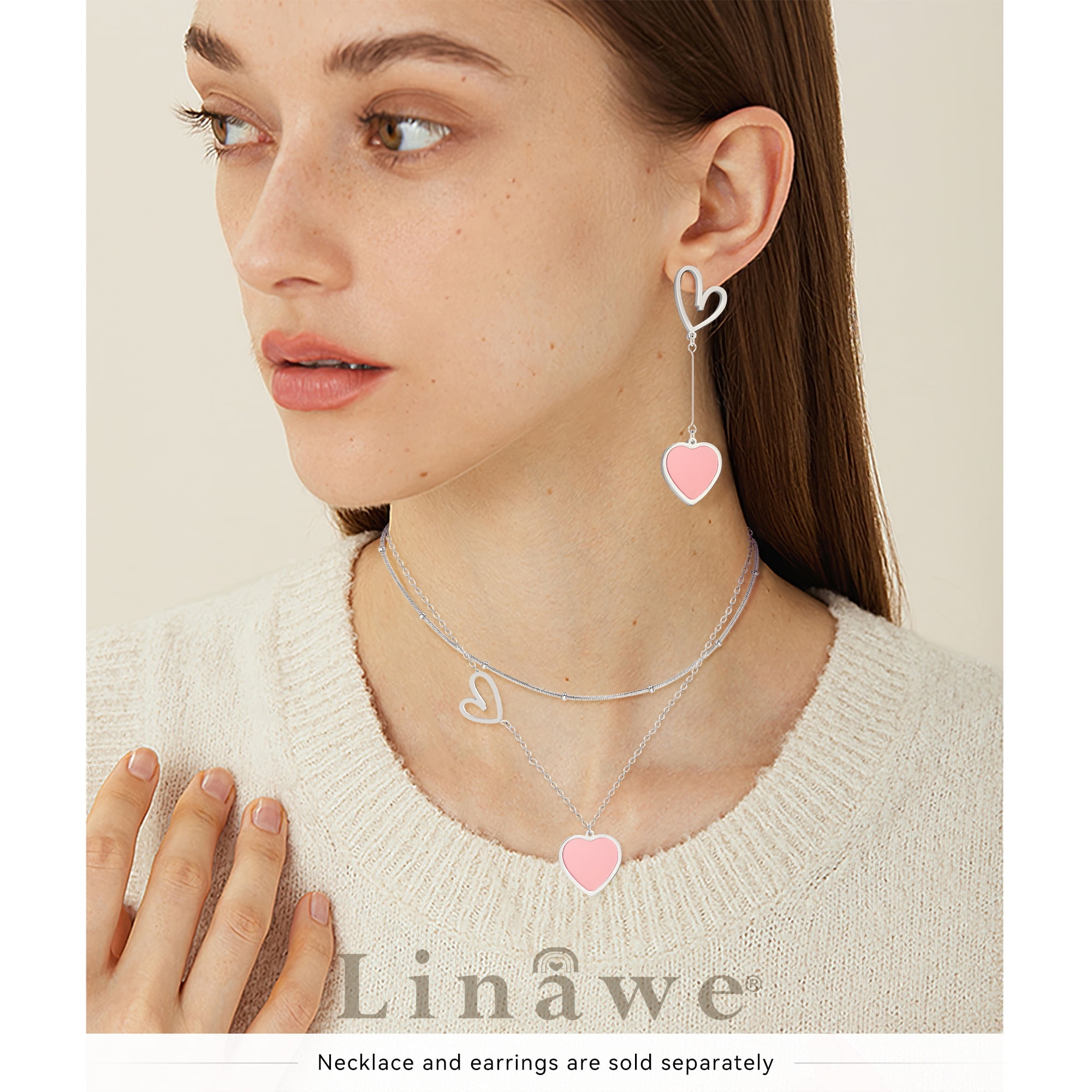 Linawe Pink Jewelry Sets for Women, Crystal Pendant Necklace Set 並行輸入品 Linawe Hot Pink Heart Pendant Layered Necklaces for Women Trendy