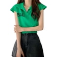 thumbnail image 1 of Blusa de manga corta con estampado de letras para mujer, blusa informal holgada de verano con cuello vuelto, camiseta de punto para mujer, 1 of 8