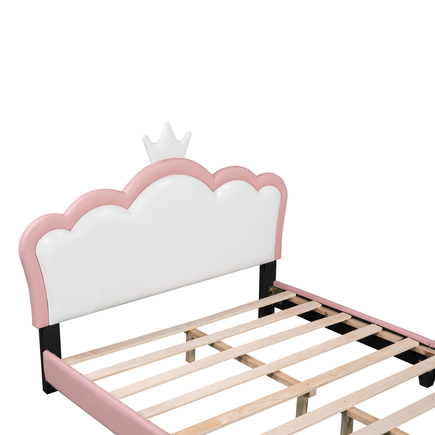 Full Size Upholstered Princess Bed, Platform Bed with Crown Headboard and Footboard, Pink Bed Frame for Girls, Pink