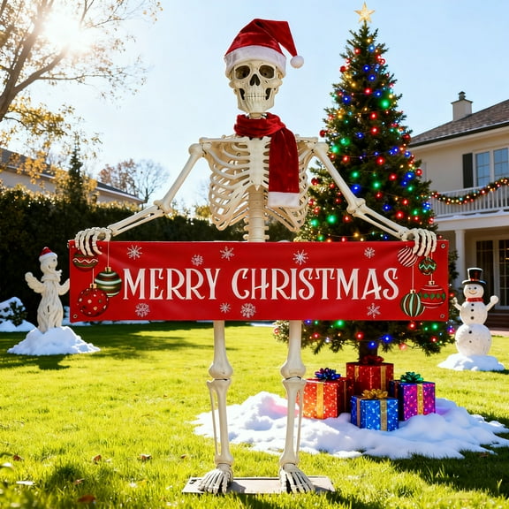 Giant Skeleton Christmas Decor with Merry Christmas Banner,Outdoor 12 Foot Xmas Skeleton Accessories Including Giant Santa Hat,Scarf(SKELETON NOT INCLUDED)