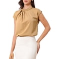 thumbnail image 4 of INSPIRE CHIC Women's Elegant Satin Cap Sleeve Pleated Neck Blouse for Casual Office Wear S Khaki, 4 of 6