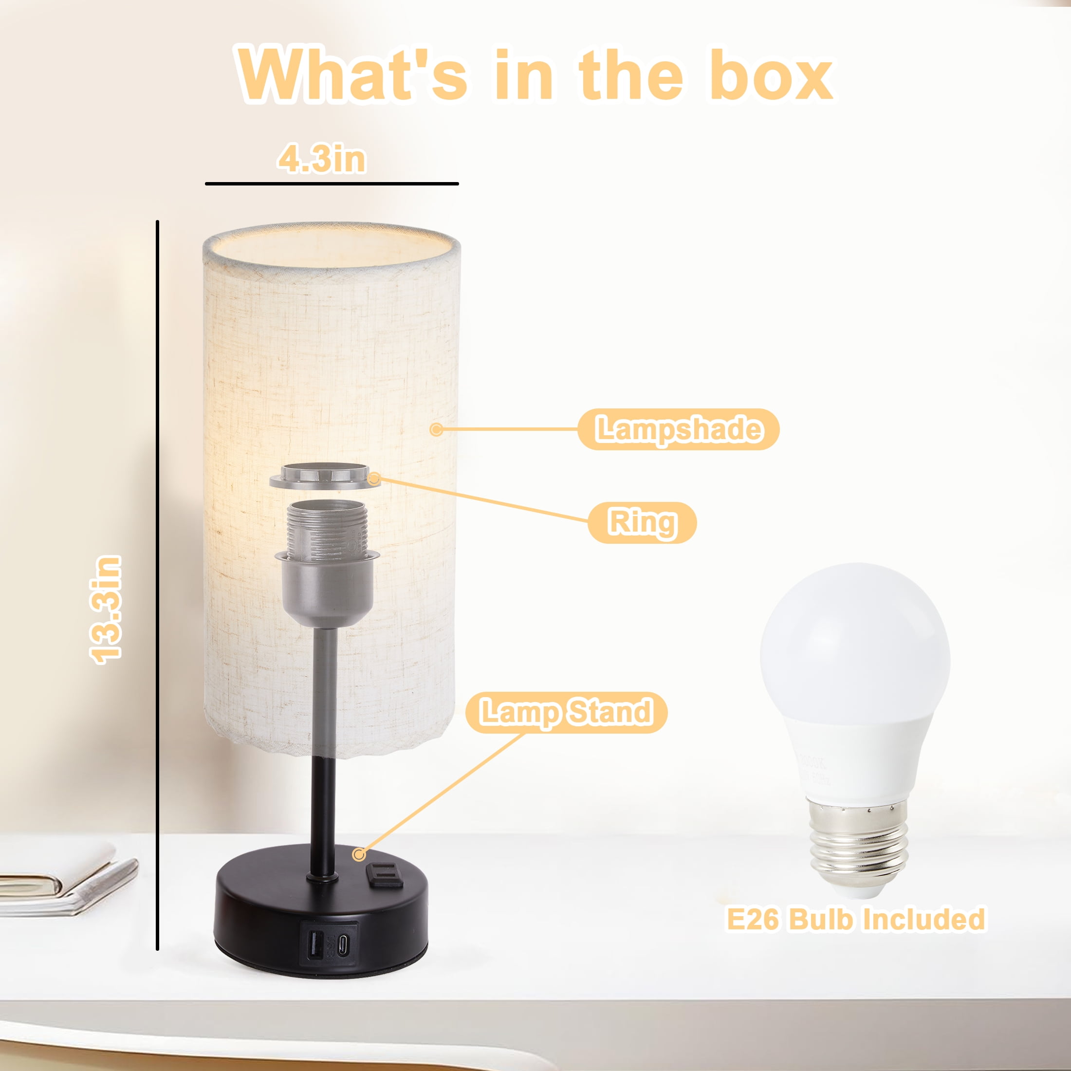 LOFTER-PRO Bedside Table Lamp for bedroom, 3 Way Dimmable Touch Lamp with USB Port and AC Outlet, Small Desk Lamp for Night Stands, Living Room, Office