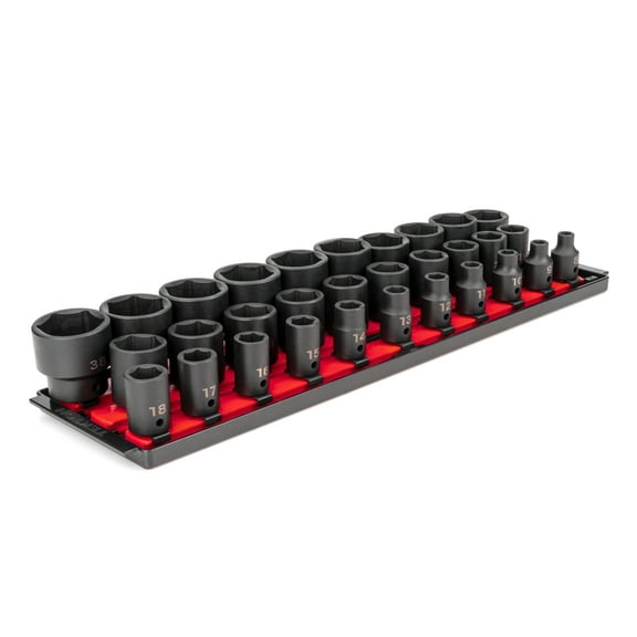 TEKTON 1/2 Inch Drive 6-Point Impact Socket Set with Rails, 31-Piece (8-38 mm) | SID92104