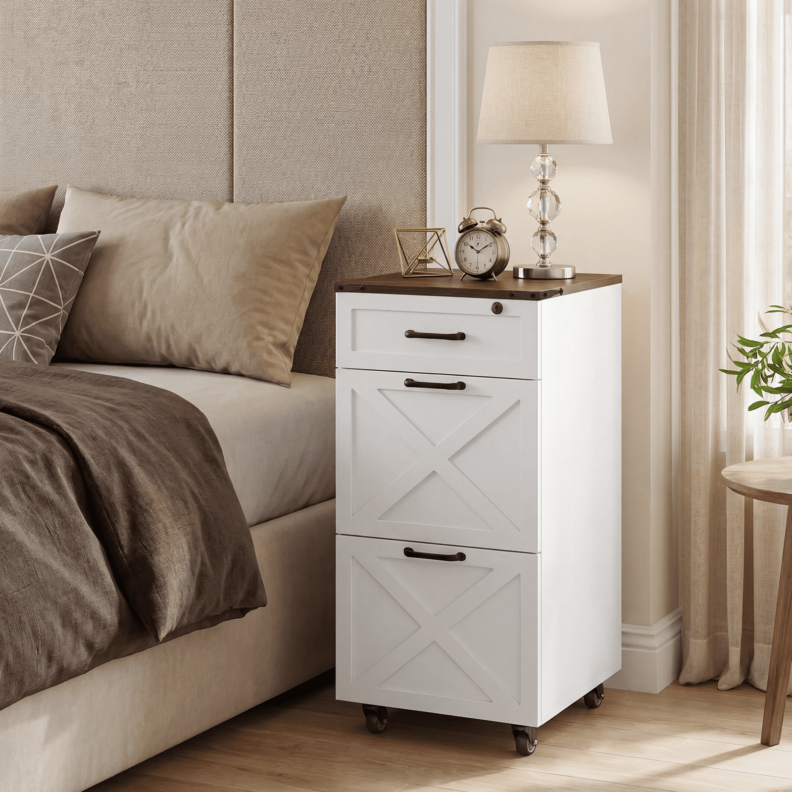 Leumius 3-Drawer File Cabinet with Wheels,Rustic Farmhouse Vertical Rolling Storage Cabinet,Printer Stand & Mobile Organizer for Letter/A4,White
