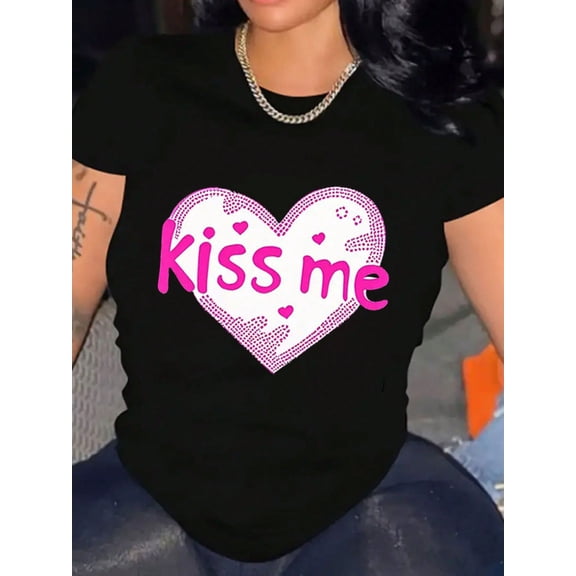 Pink Rhinestone Heart Valentine's Day Women Short Sleeve Graphic T-Shirt