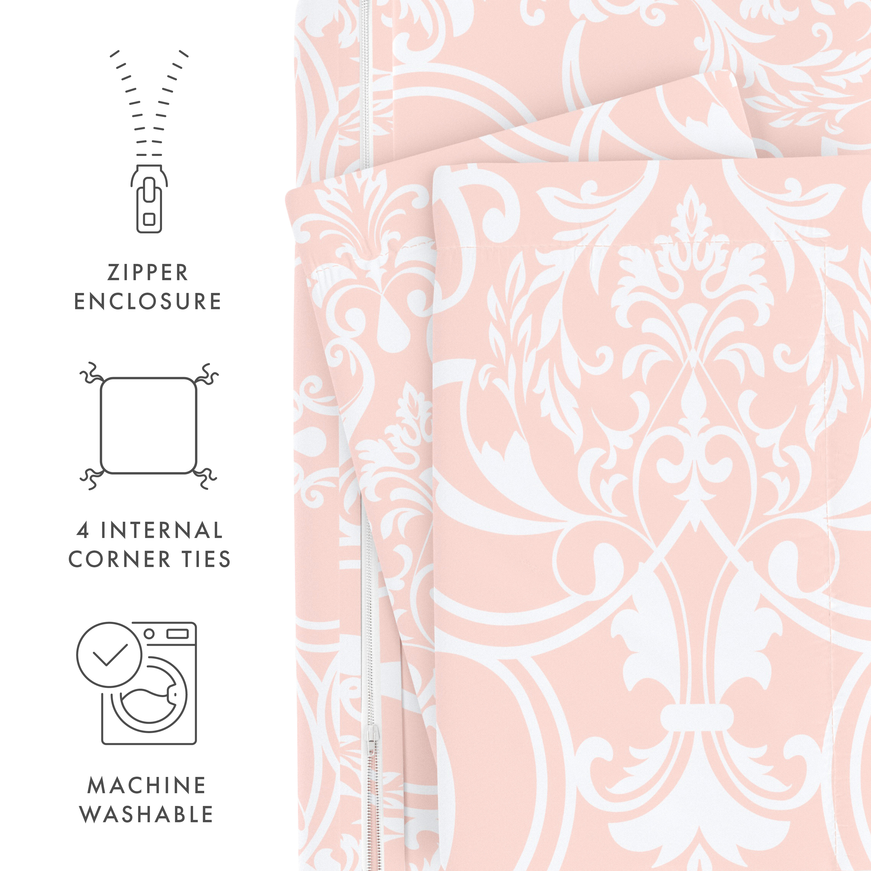 Noble Linens Pink Romantic Damask Pattern 3-Piece Duvet Cover Set, King/Calking
