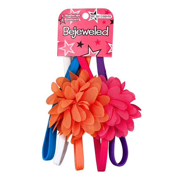 5 Pack Bejeweled Hairband Set, Vibrant Flower Accents, Soft, Stretchy Headbands, Stylish, Comfortable Accessories for Parties, Everyday Wear, White, Pink, Blue, Purple, Orange