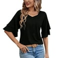 thumbnail image 2 of Tittly T Shirts for Women V Neck T Shirts for Women Womens Casual Blouses Summer Fashion Clothes Double Tiered Half Bell Sleeve Top Crewneck Loose Fit T Shirts Tshirts Shirts Womens Tops Black L, 2 of 6