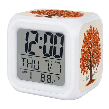 Orange Maple Tree Digital Alarm Clock for Bedrooms,Smart LED Alarm Clock with 7 Color Changing Night Light,Fall Thanksgiving Leaves Harvest Rustic Silent Wake Up Clocks for Sleep Study 3.2x3.2