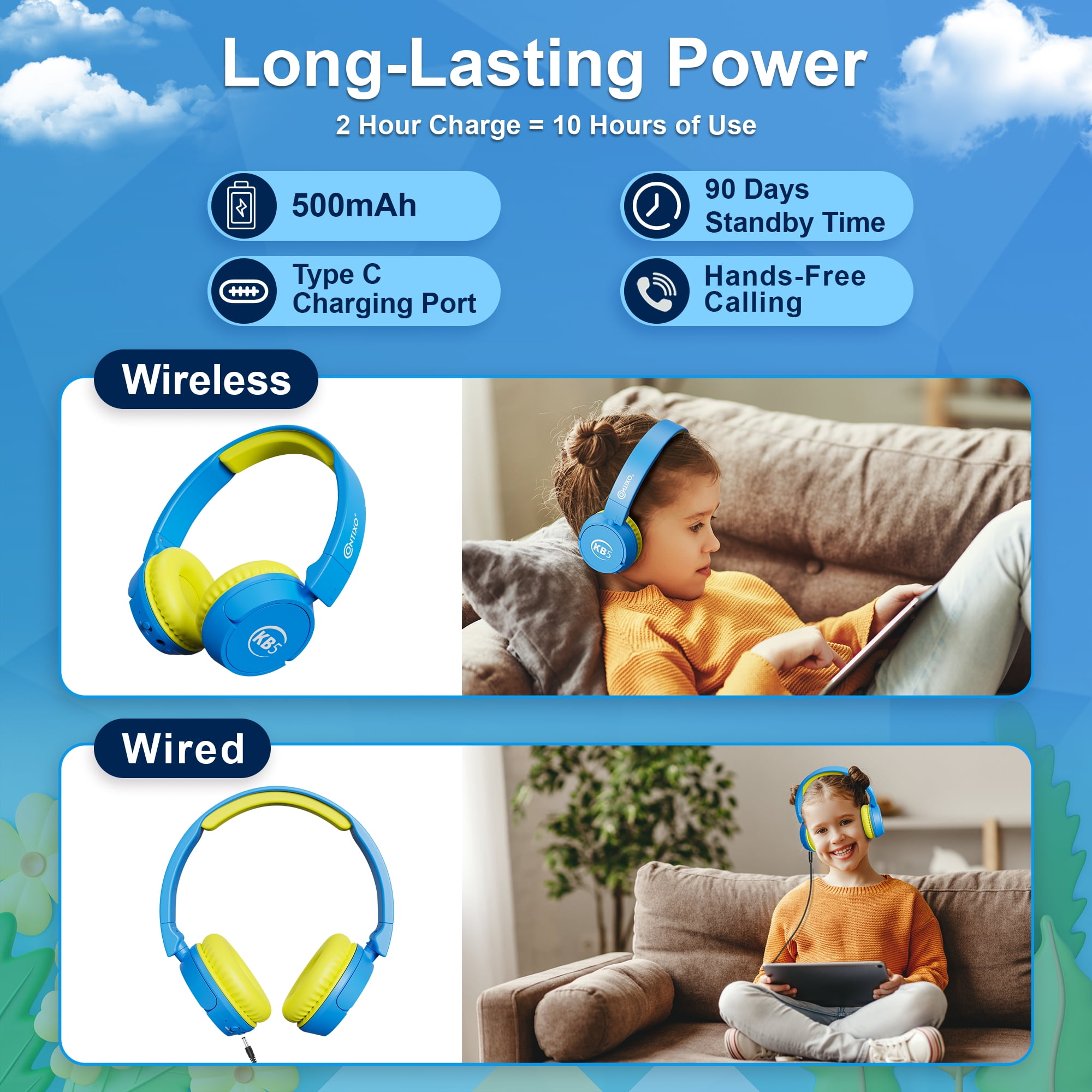 Contixo KB-5 Wireless Kids Headphones, Over-Ear Foldable Bluetooth Headset with 85dB Volume Limit, Blue/Yellow