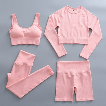 

4pcs Womens Yoga Set Fitness Sports Seamless Workout Gym Top & Bra & Leggings & Shorts