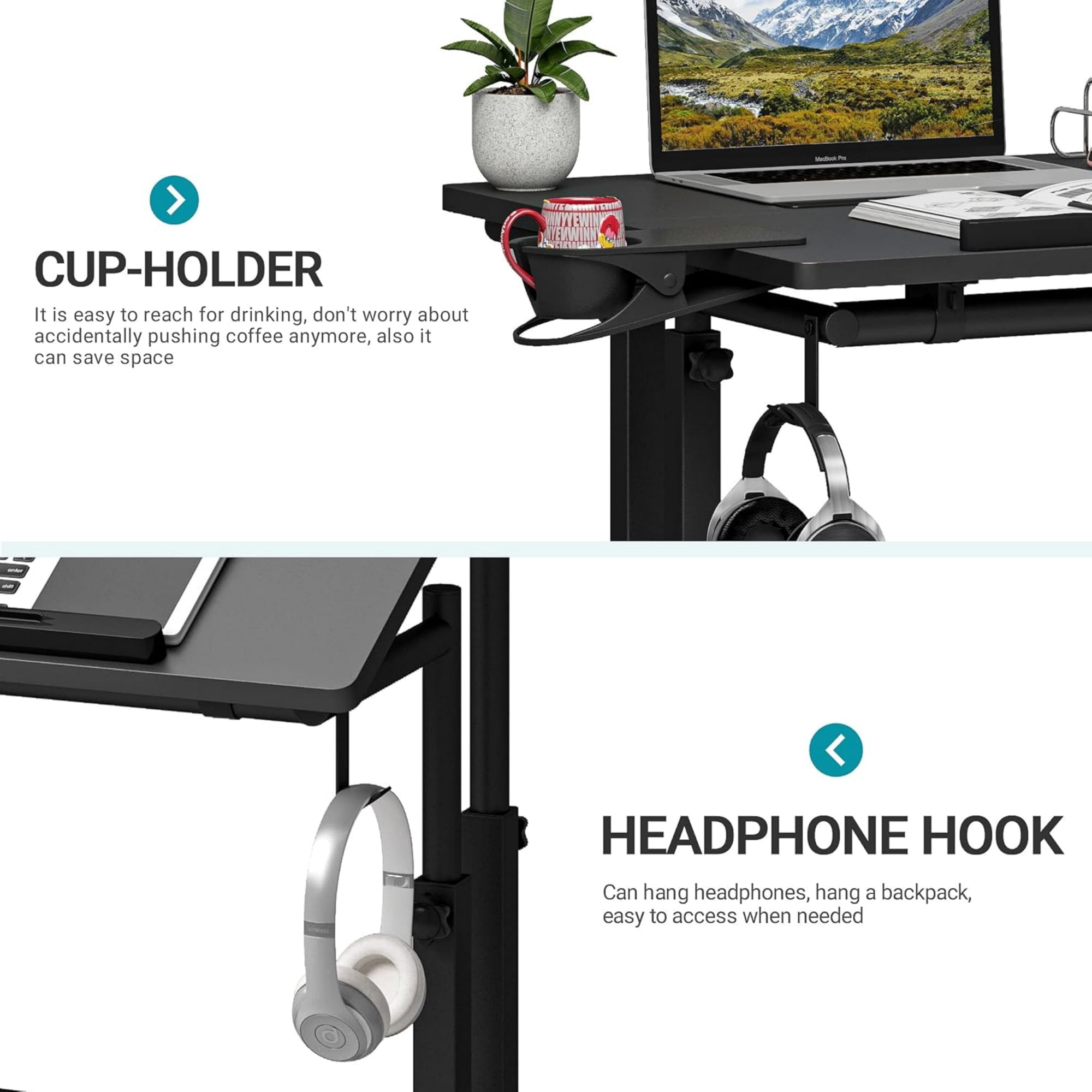 Standing Desk Height Adjustable with 2 Splice Board,Cup Holder,for Home Office, Black