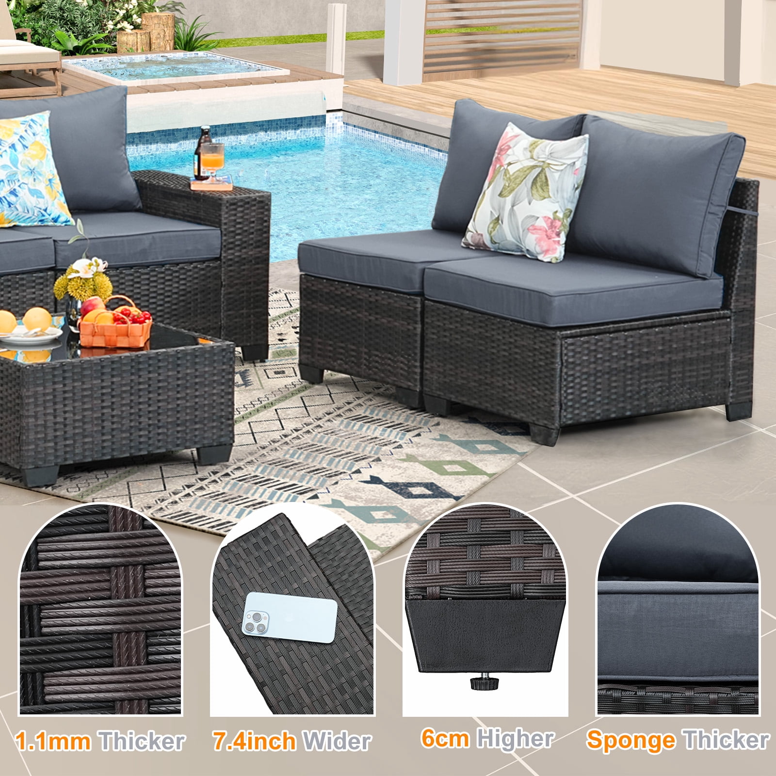 TerraRelax 5 Pieces Patio Furniture set All-Weather Outdoor Wicker Sectional Conversation Sofa Rattan patio seating sofa with cushion and Glass Table and Ottoman for Porch Poolside,GREY