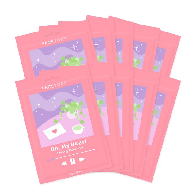 FACETORY Masque Facial K Beauty Soin de la Peau Masque en Feuille Apaisant pour Peau à Tendance Acnéique avec Extrait de Feuille de Cœur Calme les Rougeurs Lisse la Texture Lot de 10