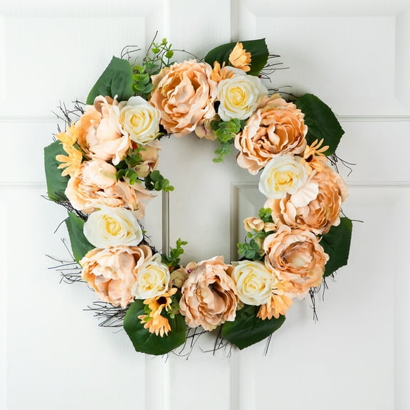 Northlight Rose and Peony Artificial Wreath - 22" - Peach and White
