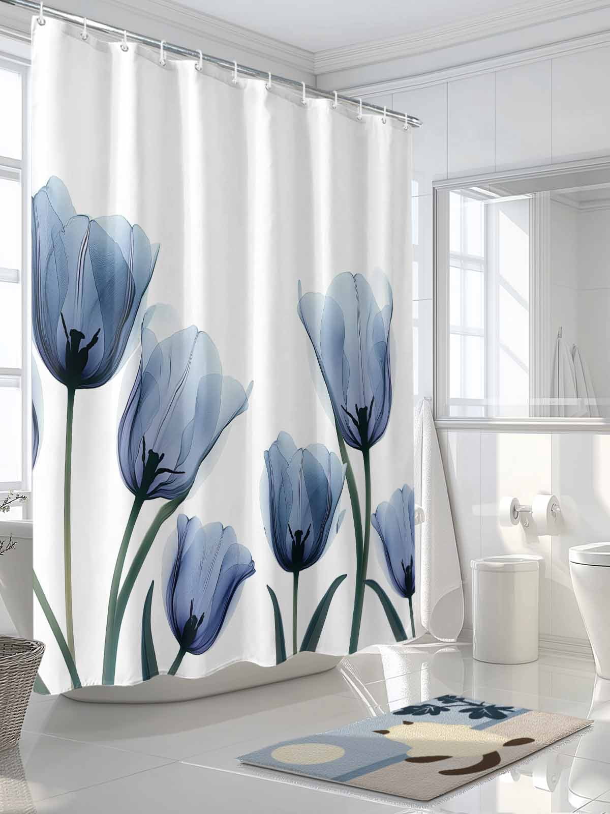 Blue Spring Floral Shower Curtain Set, Waterproof Shower Curtains for Bathroom, Tulip Blooming Summer Botanical Washable Fabric Cloth Bath Curtain for Bathtub Decoration with Hooks 48x72 Inches