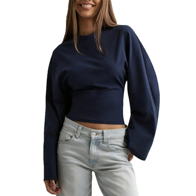 RXMEKW Haut Court à Manches Longues pour Femmes avec Taille Cintrée et Manches Larges, Col Rond, Couleur Unie, Chemise Décontractée pour Usage Quotidien