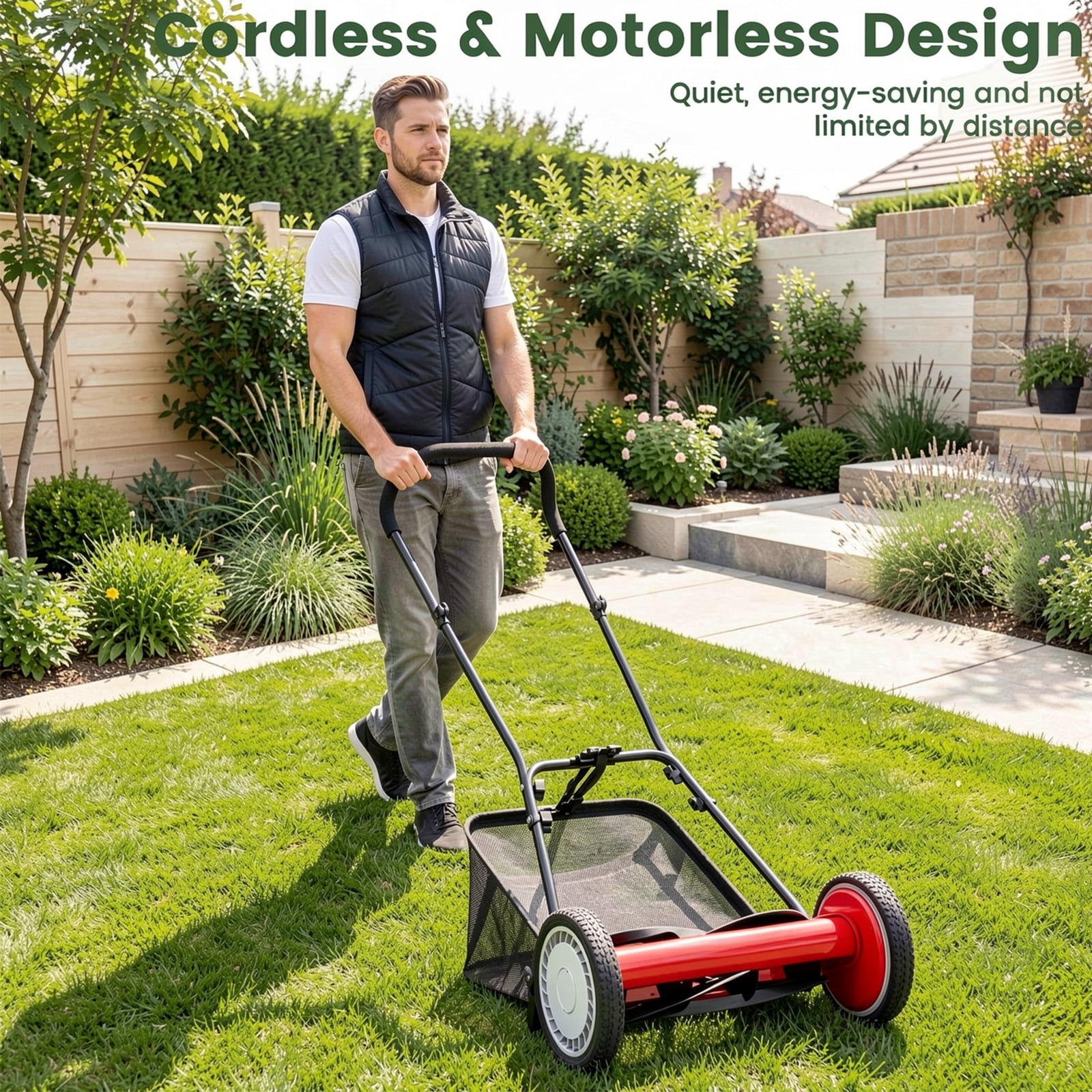Biotree 16 Inch Push Lawn Mower with 5 Steel Blades and Grass Catcher Bag-Red Manual Reel Eco-Friendly