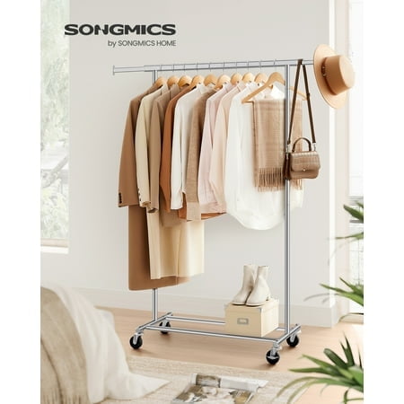 SONGMICS Portant à Vêtements avec Roulettes, Portant à Vêtements Robuste pour Suspendre des Vêtements, avec Tringle Extensible, Capacité de Charge de 220 lb, Argent UHSR13S